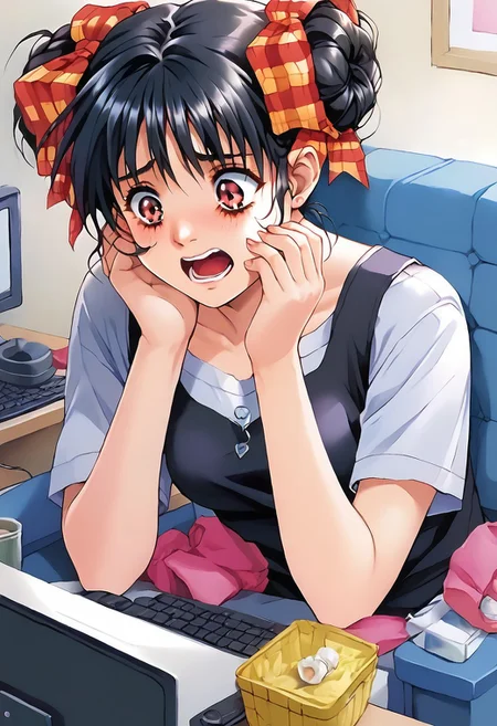 ASCII 1girl,<lora:pony_xl_narusawa:0.8>,narusawa,score_9,score_8_up,score_7_up,source_anime,black hair,
solo, 
a computer with monitor, looking at computer, scared,open mouth, terrified,hands in face,
 breasts<lora:breastsizeslideroffset:0.3>sitting, in the bedroom,