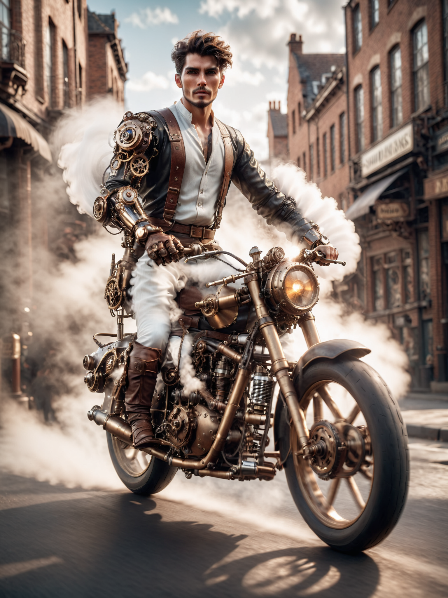 man driving a motorbike, steampunk clothing, mad-mecharm, steam, grease, motion blur, cinematic shot, dramatic lighting, masterpiece, best quality, ultra high res, (photorealistic, realistic:1.2), deep shadow, raw photo, film grain, Fujifilm XT3, 8k uhd, dslr)