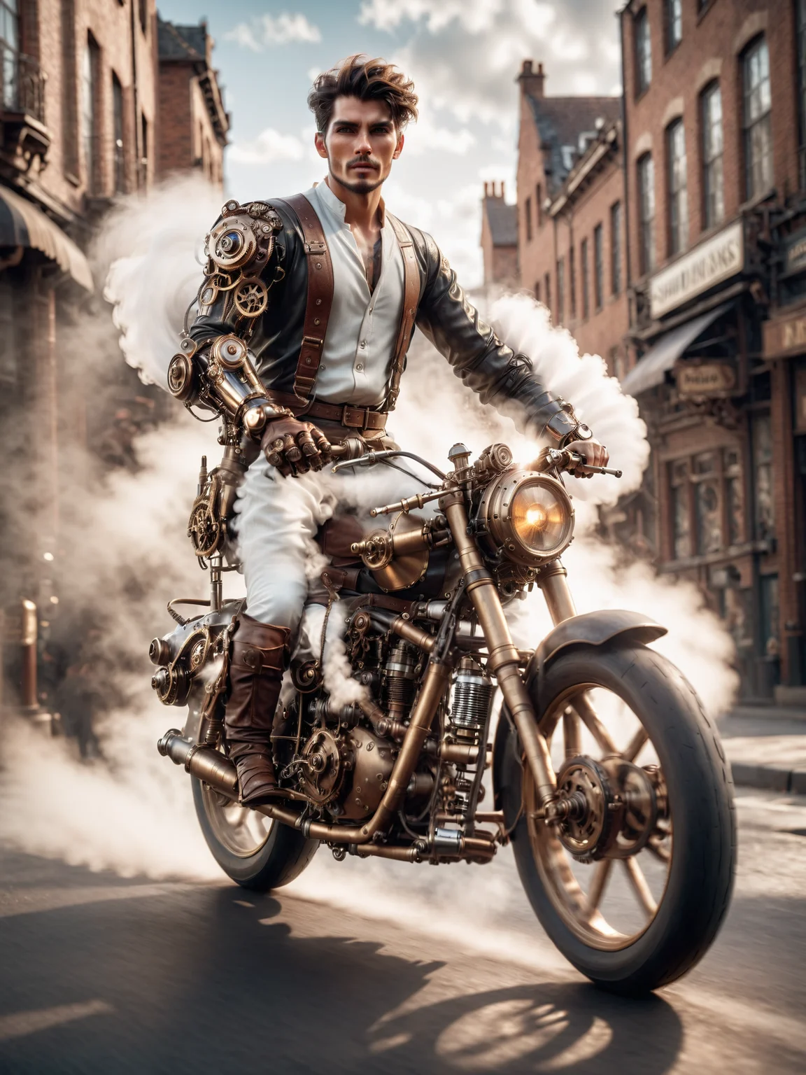 man driving a motorbike, steampunk clothing, mad-mecharm, steam, grease, motion blur, cinematic shot, dramatic lighting, masterpiece, best quality, ultra high res, (photorealistic, realistic:1.2), deep shadow, raw photo, film grain, Fujifilm XT3, 8k uhd, dslr)