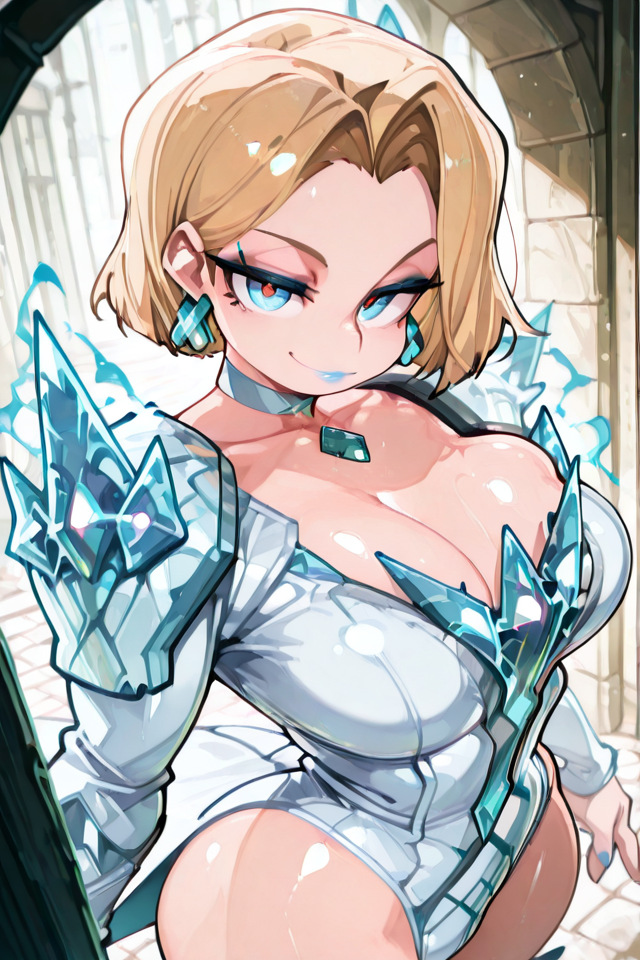 PonyScores, Expressiveh, (score_9, score_8_up, score_8, ASCII score_9), Rating 9, Rating 8, Rating 7, source_anime, masterpiece, best quality, amazing quality, (Emma Frost), Emma Frost_(Marvel Rivals), 1girl, solo, medium breasts, short hair, Blonde hair, blue eyes, lipstick, lips, breasts, thick thighs, Voluptuous body, jewelry, earrings, blue lips, makeup, choker, white leotard, shoulder armor, crystal, long sleeves, cleavage, coattails, (looking at viewer), blue nails, nail polish, curvy, standing, boots, collarbone, standing, shiny skin, shiny body, Casual, covered stomach, (beautiful atmosphere), (sharped face, beauty makeup), (beautiful skin, beautiful face), (perfect anatomy), (beautiful detailed face, beautiful oval face), (sharp out line), perfect hands, seductive smile, (perfect female body), (beautiful eyes and face), (upper body), (cowboy shot1), Ice powers, Big thighs, ice glow, ice magic, ice energy, energy orbs, light particles, orbs, Blue energy, big eyes, (extremely detailed eyes), (iper detailde eyes), (ultra detail eyes), (beautiful eyes), detailed backgrounds, (detailed eyes), (perfect eyes), extremely detailed CG, extremely detailed face, detailed Lora, focused subject, black pupils, (ass), (perfect ass), (beautiful ass), <lora:EmmaFrostillusApexAi:1>, <lora:Bongfill-guy90-IllustriousV101:1>, lifnob,