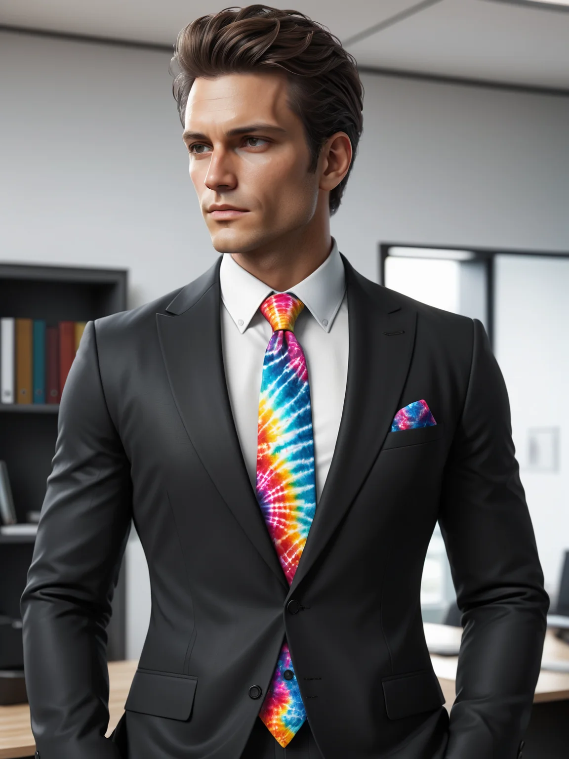 man wearing a mad-tiedye necktie and white shirt and black suit in office <lora:Colorful_Tie-Dye_SDXL:0.6>, (masterpiece:1.2), best quality, (hyperdetailed, highest detailed:1.2), high resolution textures