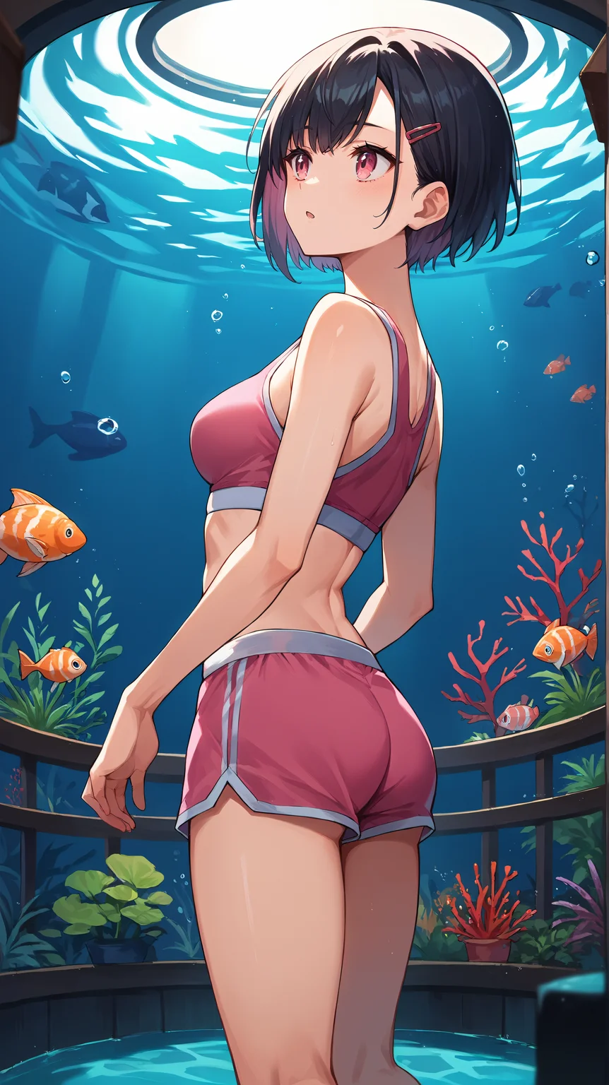 score_9,score_8_up,score_7_up,score_6_up, source_anime, zPDXL, <lora:xl_more_art-full_v1:0.5>, girl, dynamic pose, <lora:Mikazuki Shizuka - Pony-000003:0.7>, short hair, black hair, pink eyes, pink sports bra, pink shorts, hairclip, bangs, aquarium, looking away, blue lighting, from behind, looking up, reflections,