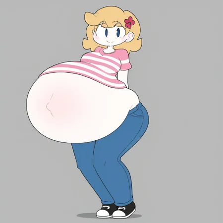 HappyLikeAWall, 1girl, black eyes, single hairflower, closed mouth, blue eyes, blonde hair, pink striped shirt, jeans, gigantic belly,