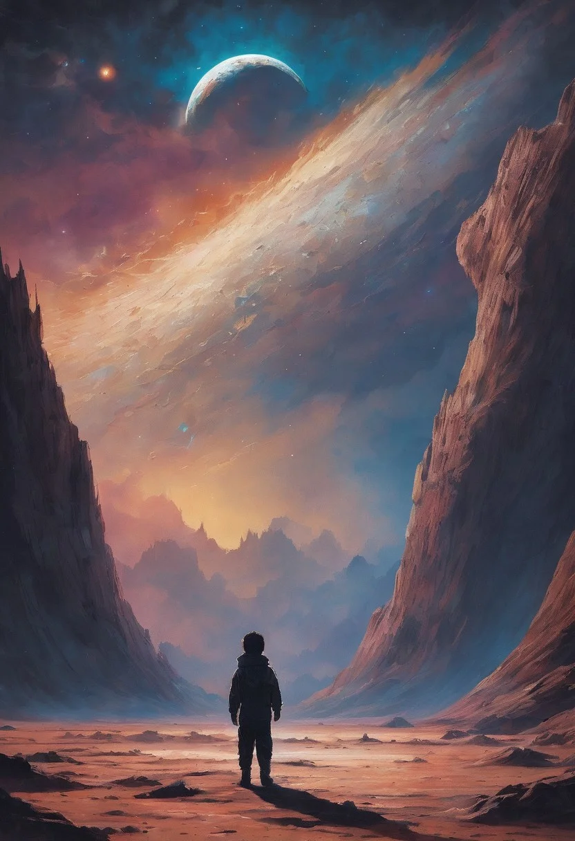 Hyper-detailed silhouette art, illustration of a little boy standing at the edge of the world looking out into the vast space, massive scale, moon, stars, planets, epic cinematography, with large visible brush strokes, astral patterns, starry night sky, style of Turner, Monet, Thomas Kinkade, brush strokes, oil painting, HDR, perfect composition, high contrast, atmospheric, moody, surrealism, volumetric lighting, volumetric shading, cosmic, sci-fi, candyland art, hyperrealistic hyperdetailed highly detailed, digital illustration, postmodernism, poster art, dynamic lighting, concept art, color depth, colorful background, intricate details, HDR, Salvador Dali matte background melting oil on canva