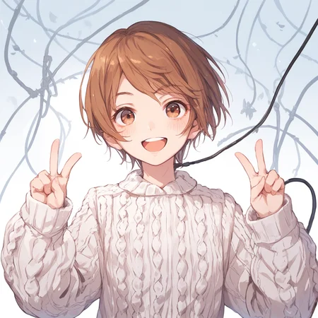 anime coloring, score_9, score_8_up, score_7_up, score_6_up, kinuhata saiai, toaru, 1girl, sweater, short hair, cable knit, brown hair, aran sweater, blush, open mouth, solo focus, smile, long hair, brown eyes, portrait, upper body, white sweater, double v