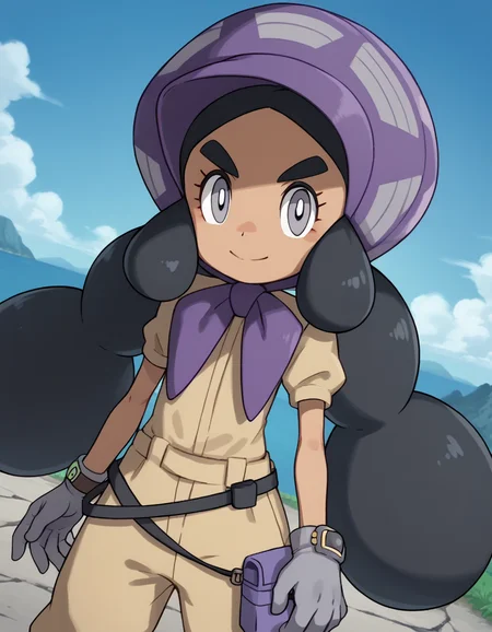 score_9, score_8_up, score_7_up, source_anime,
pokemonhapu, <lora:pokemon-hapu-ponyxl-lora-nochekaiser:1>,
hapu, long hair, black hair, twintails, dark skin, dark-skinned female, grey eyes, thick eyebrows, bright pupils, white pupils,
gloves, short sleeves, belt, black belt, purple headwear, bonnet, grey gloves, jumpsuit,
outdoors, landscape, bent over, smile,
looking at viewer, solo, cowboy shot, dutch angle,