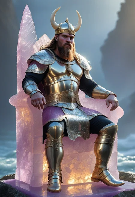 flu0rite, iridiscent, VALHERO viking king wearing armor sitting on a fluorite throne
