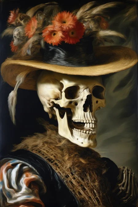 <lora:Peter Paul Rubens Style:1>Peter Paul Rubens Style - the painting Le Chapeau de Paille by Peter Paul Rubens, with a skeleton instead of the woman