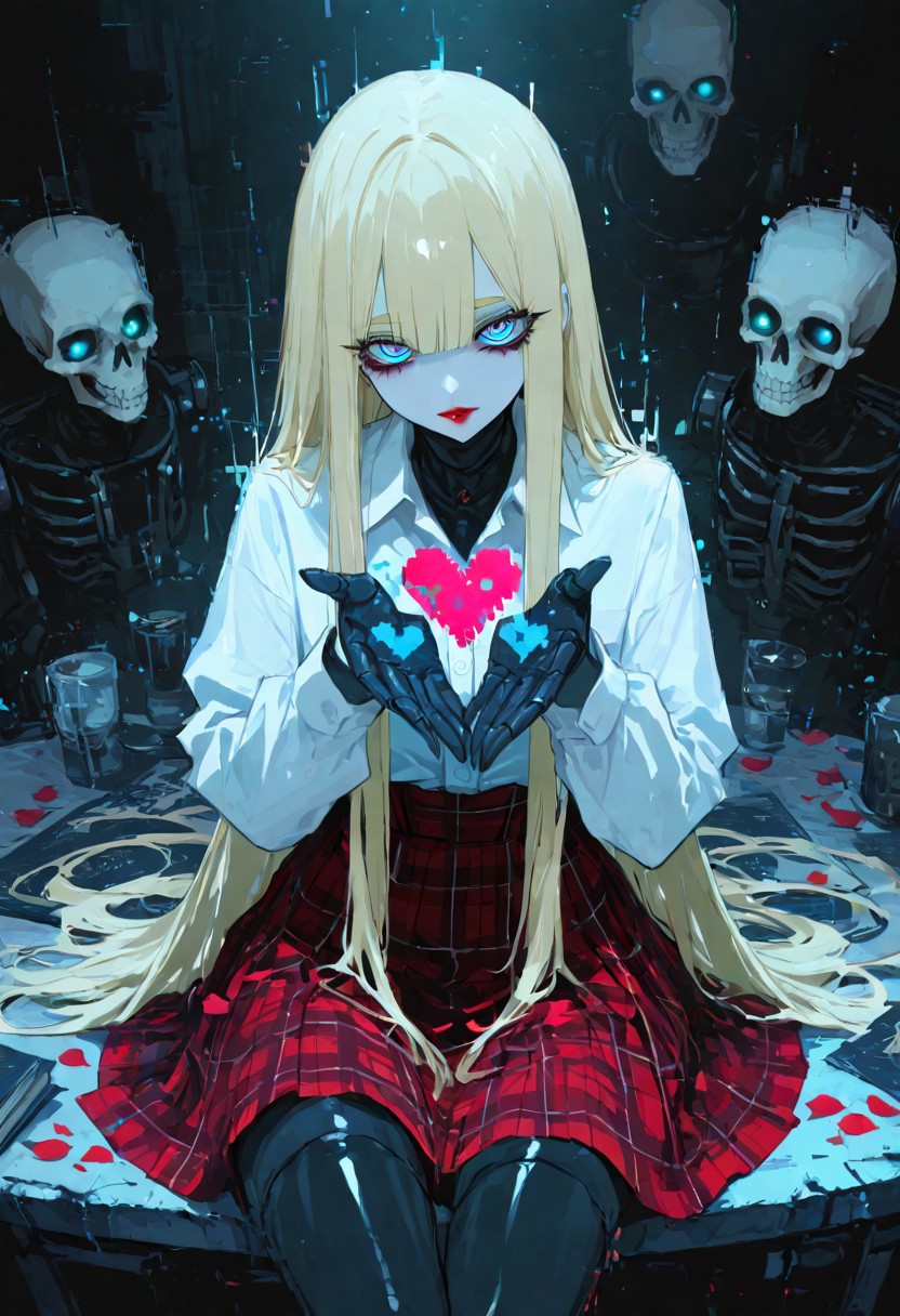 masterpiece, best quality, good quality, very awa, very aesthetic, absurdres, newest, nightlight, Cinematic Lighting, shiny hair, clear skin, ultra-detailed-eyes, detailed background, cute girl, solo, dynamic pose, eyelashes,  BREAK  Automaton, colored skin, robot girl, robot joints, very long hair, blonde hair, blue eyes, ringed eyes, black_metal_skin, Automaton body vaguely reminiscent of the cyborg style from 'Blame!'. 
She holds a broken heart in her hands.
white_sleeves_loose_office_shirt, medium plaid high-waist black-red skirt,
Her human head, with pale skin, looks directly at the viewer, expressing slutty. Striking makeup, and red lipstick enhance her appearance. Thick blonde eyebrows and eyelashes frame her eyes.
petals falling, cyberpunk cafe background, robot_skull_on_table,
A bold, high-contrast noir-style illustration,
the style is reminiscent of a comic book or graphic novel, with bold lines and a glossy, 
glitch, xxx667_illu, glowing,