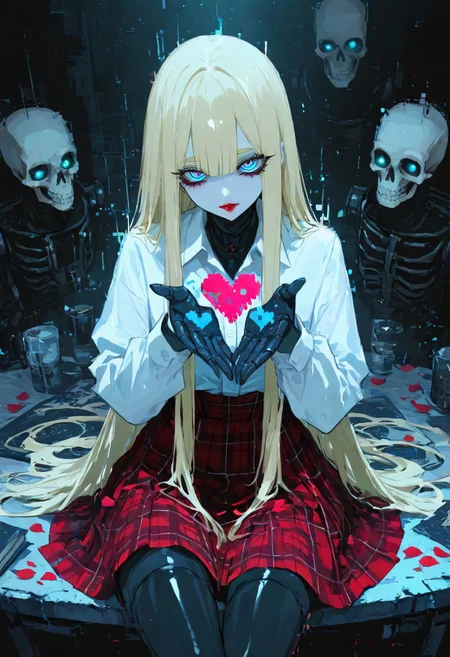 masterpiece, best quality, good quality, very awa, very aesthetic, absurdres, newest, nightlight, Cinematic Lighting, shiny hair, clear skin, ultra-detailed-eyes, detailed background, cute girl, solo, dynamic pose, eyelashes,  BREAK  Automaton, colored skin, robot girl, robot joints, very long hair, blonde hair, blue eyes, ringed eyes, black_metal_skin, Automaton body vaguely reminiscent of the cyborg style from 'Blame!'. 
She holds a broken heart in her hands.
white_sleeves_loose_office_shirt, medium plaid high-waist black-red skirt,
Her human head, with pale skin, looks directly at the viewer, expressing slutty. Striking makeup, and red lipstick enhance her appearance. Thick blonde eyebrows and eyelashes frame her eyes.
petals falling, cyberpunk cafe background, robot_skull_on_table,
A bold, high-contrast noir-style illustration,
the style is reminiscent of a comic book or graphic novel, with bold lines and a glossy, 
glitch, xxx667_illu, glowing,