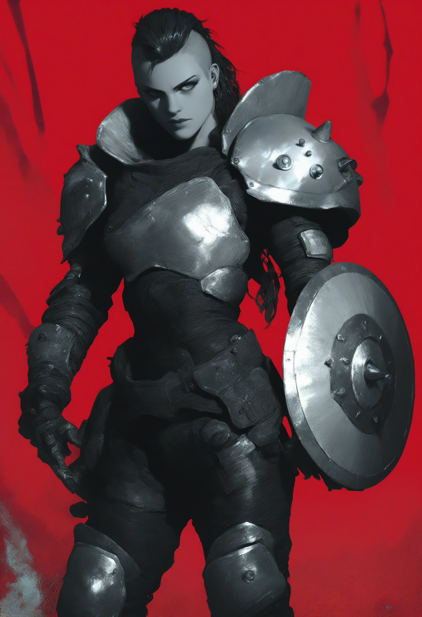 <lora:degenesis_v1:1> dgns, score_9, score_8_up, score_7_up,  1girl, solo, heavy metal armor, punk, post-apocalyptic, heavy shoulder armor, holding metal shield, active pose, greyscale with red background