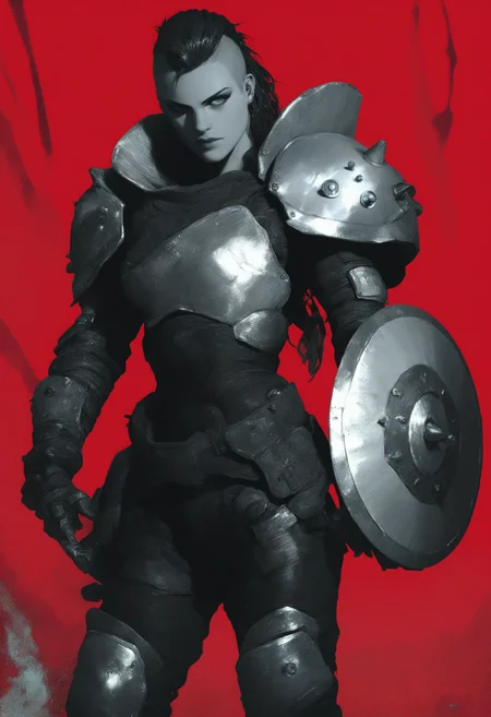 <lora:degenesis_v1:1> dgns, score_9, score_8_up, score_7_up, 1girl, solo, heavy metal armor, punk, post-apocalyptic, heavy shoulder armor, holding metal shield, active pose, greyscale with red background