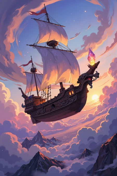 a majestic, otherworldly ship sailing through a sky filled with vibrant, multicolored clouds. The ship itself is crafted from dark, polished wood, with sails made of shimmering, translucent fabric that glows faintly in the soft, ethereal light. The hull is adorned with intricate carvings of mythical creatures, and at the bow, a large, glowing crystal juts out, guiding the vessel through the sky. The ship is surrounded by swirling clouds, their hues ranging from deep purples and blues to bright oranges and pinks, creating a surreal and dreamlike backdrop. Below the ship, distant mountain peaks poke through the sea of clouds, illuminated by the last light of a setting sun. The atmosphere is one of peaceful wonder, with the ship sailing silently and gracefully through the boundless sky. The level of detail in the wood grain, the glowing sails, and the swirling clouds make the scene feel both realistic and fantastical, as if the ship is a relic from a long-lost era. , detailed background Fantastic lighting. Detailed shadows.intricate details, vivid colors, hyper-detailed, ultra-sharp, , <lora:XRSTYLE_FLUX:0.5><lora:RetroAnimeFluxV1:0.4><lora:MoriiMee_Gothic_Niji_Style_FLUX:0.3>