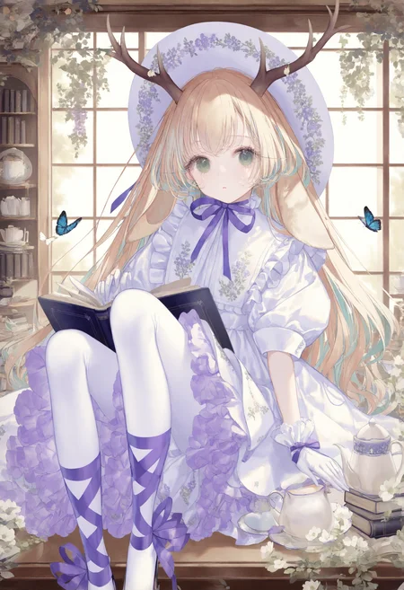 <lora:myc1_noob1.1-000189:1>,
1girl, dress, antlers, purple ribbon, flower, ribbon, solo, book, gloves, white dress, long hair, animal ears, holding, horns, looking at viewer, white pantyhose, pantyhose, white gloves, white flower, green eyes, open book, blonde hair, puffy sleeves, teacup, leg ribbon, frills, deer ears, neck ribbon, sitting, bug, short sleeves, cup, white headwear, teapot, butterfly, blue ribbon, parted lips, frilled dress, puffy short sleeves, deer antlers, indoors, window, ankle ribbon, multicolored hair, hat, picture frame,
masterpiece,best quality,newest,absurdres,highres,very awa,