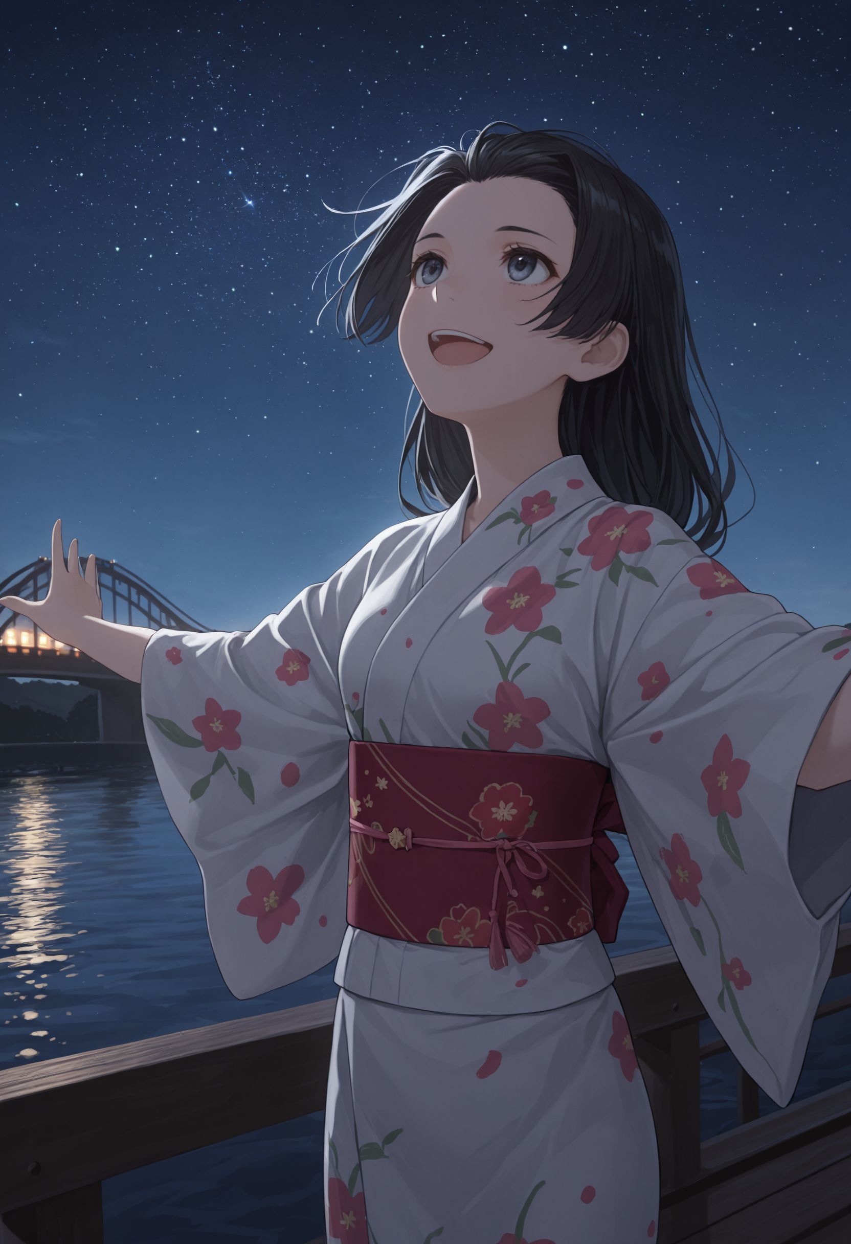 masterpiece,best quality,absurdres,highres, 
 <lora:Kongou Mitsuko illu:1> 1girl, long hair, black hair, black eyes, 
japanese clothes, kimono, night sky, open mouth, blue eyes, star (sky), smile, floral print, outstretched arms, sash, outdoors, obi, yukata, bridge, looking up, starry sky, water, spread arms