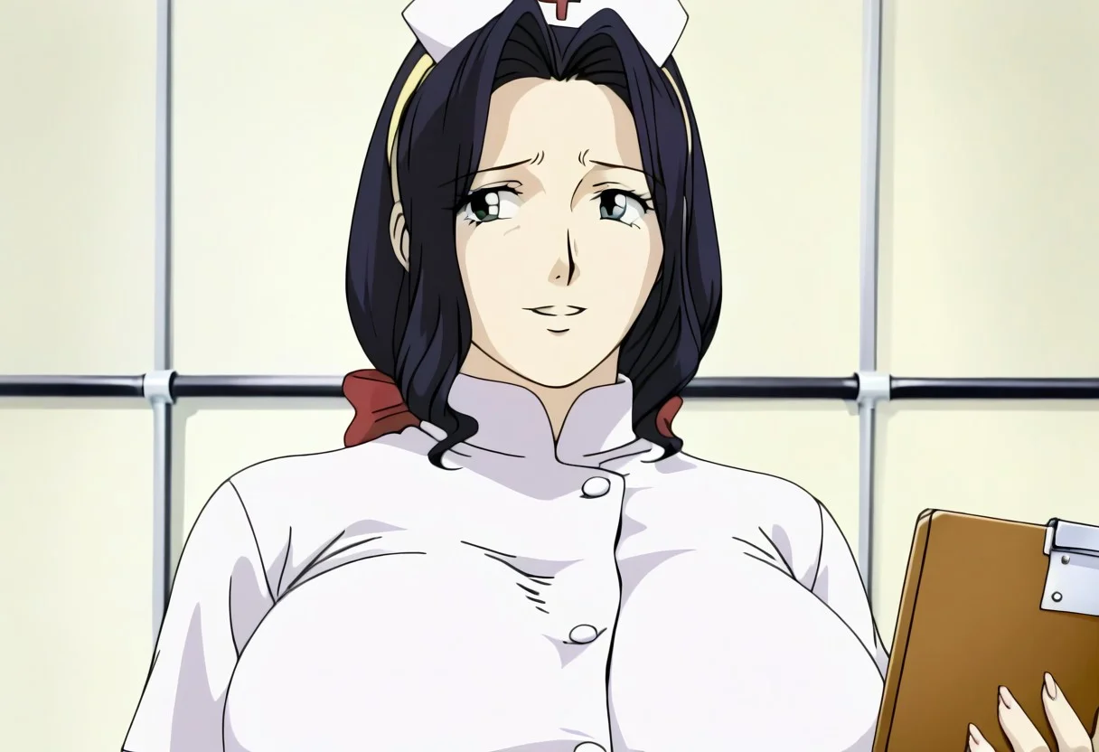 (huge breast),housewife,black hair,medium hair tied by red hairbow yellow headband, middle aged, thin eyebrow,round solid breast,(older woman,beautiful body),mature mom, hourglass shape_body,moles, moles under left eye,warm face,middle aged face(wise),(saggy_breast:1.0),look to viewer,less color, (realistic body, realistic face,detailed face,detailed hair),old anime artstyle,parted_mouth,shining_eyes,retro artstyle, anime screencap, source anime, perfect face, perfect body, ,open_mouth, smile
bmstyle anime nurse woman: A curvy nurse with medium breasts in a tight white uniform that clings to every curve, with a short skirt that rides up just enough to show off her thighs. She's leaning over a hospital bed, holding a clipboard, her soft smile sharp with a playful edge. The dim glow from the medical equipment casts an alluring glow across the sterile room.