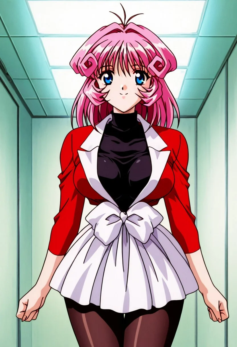 1990s (style), cel animation, <lora:anime_screencap-Illustrious:1>, anime screencap, anime coloring, amazing quality, very aesthetic, absurd resolution, masterpiece, 4k resolution, perfect anatomy, perfect eyes, (hand with four fingers and one thumb), BREAK 1girl, 3/4 body shot, <lora:CD11_rina_ill-05:1>, Rina_CD11, pink hair, medium hair, blue eyes, slim waist, wide hips, large breasts, perky breasts, standing, looking at viewer, happy smile, joy, (<lora:red_outfit-05:1>, (red dress, plunging neckline, red sleeves, sleeves past elbows, white lapels, large lapels, white skirt, miniskirt, waist bow, large bow, white bow,), (black shirt, turtleneck, sleeveless,), black pantyhose, ), cowboy shot, BREAK (office, fluorescent lights,),