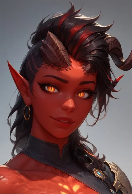 score_9, score_8_up, score_7_up, score_6_up, score_5_up, score_4_up, 1girl, gorgeous girl, kawaii girl, perfect cute face, wide eyes,
KarlachBG3, demon girl, colored skin, slit pupils,muscular,
,ArmoredDress, shiny black armor, light in chest,
eye contact,
Full body shot