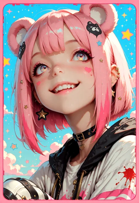 masterpiece, detailed_eyes, high_quality, best_quality, highres, absurdres, 
Happy funny smile, 1 girl, emo, gothiclolita, bangs in front of the eyes, black and pink hair, stars symbol, glitter, striped sleeves, skinny, cute, oversized jacket, choker, makeup, portrait, dynamic angle, pop background, colorful, bad girl style, kawaii, cutecore, kawaiicore, cutegore, kawaiigore, moe, pink border, colorful stars, blur, glitch, bright patterned clothing, piercings, studded belts, bracelets, fingerless gloves, skater shoes, colorful hair, raccoon hair pieces, striped stockings, pink border, blood, bloody handprint, bloody handprints, glitch, glitching, anime girl, colorful stars, pink text, hearts, rainbow
<lora:DetailedEyes_V3:1>  <lora:ponyv6_noobV1_2_adamW:0.9>  <lora:GENESIS_MK0.2:0.45> <lora:USNR_STYLE_ILL_V1_lokr3:0.5> usnr   <lora:PowerPuffMixLora:0.35>