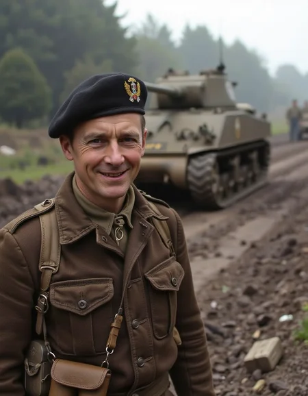 An image of a WWII battlefield. In the dust, a man wearing a black beret smiles at us, with a tank behind him. He has binoculars hanging from his neck.,<lora:British_37_Pattern_Battledress_Uniform_Flux (1):0.8> <lora:m4a3-76:0.8> m4a3_76,