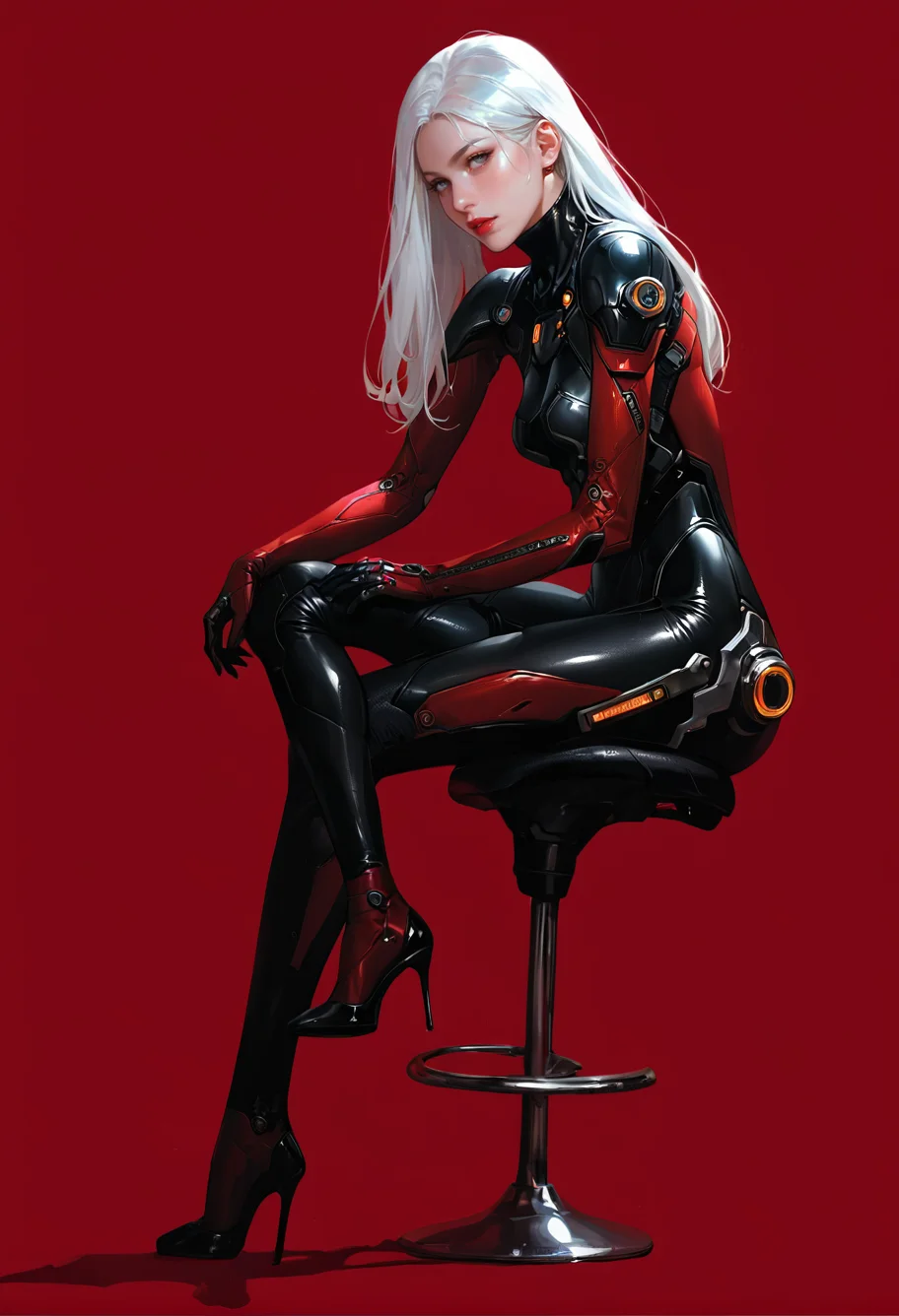 1girl,solo,red background,,ruanyi0868,bodysuit,science fiction,skin tight,
cuteg,white hair,long hair,high heels,sitting,stool,knees together feet apart,<lora:0868 Arasaka Agent suit_v1_pony:1>, score_9,score_8_up,score_7_up,,8k,1girl,solo,,
