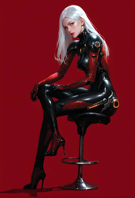 1girl,solo,red background,,ruanyi0868,bodysuit,science fiction,skin tight,
cuteg,white hair,long hair,high heels,sitting,stool,knees together feet apart,<lora:0868 Arasaka Agent suit_v1_pony:1>, score_9,score_8_up,score_7_up,,8k,1girl,solo,,
