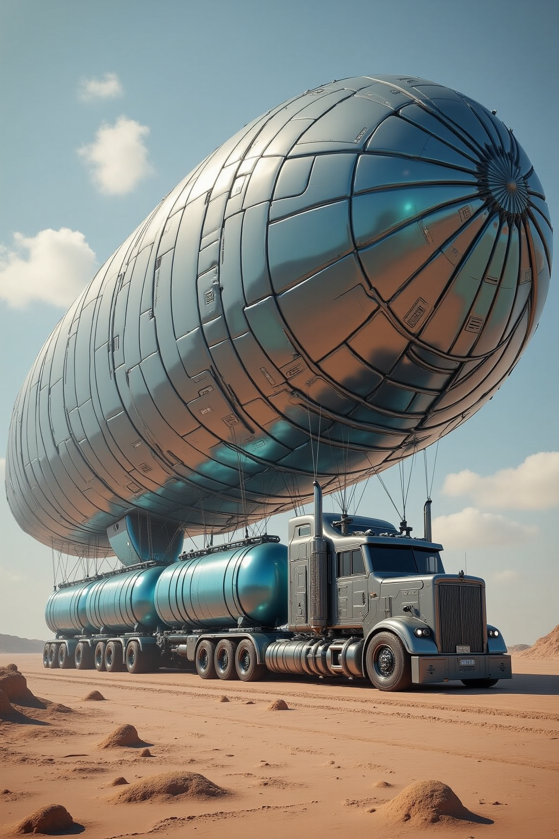 YFG-R1gs, A cloud-harvesting airship-truck, its massive sails capturing moisture from the atmosphere, delivers fresh water to a drought-stricken region. The airship's cargo bay is filled with purified water, stored in large, transparent tanks. Its crew monitors the weather patterns and adjusts the sails to maximize water collection. The surrounding landscape is a parched and barren wasteland.