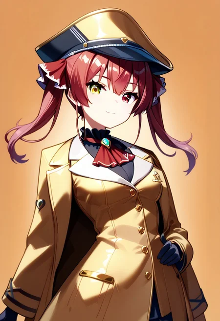 score_9, score_8_up, score_7_up, super aesthetic, rating:safe, rating:general, DeaverStyle, 1girl, solo, aua, red eyes, yellow eyes, heterochromia, gold clothing, gold hat, fully-clothed, gloves, big coat, illustration, gold, cute, shiny skin, vivid colors, treasure room, gold treasure,