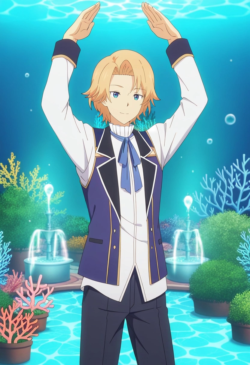 masterpiece, best quality, anime screencap, official style, anime coloring, cowboy shot, 1boy, solo, male focus, <lora:august_von_earlshide_ilxl:0.92>, august_von_earlshide, blonde hair, blue eyes, short hair, , underwater garden, kelp forests, bubble fountains, coral beds, tending pose, gentle expression, aqua lighting,