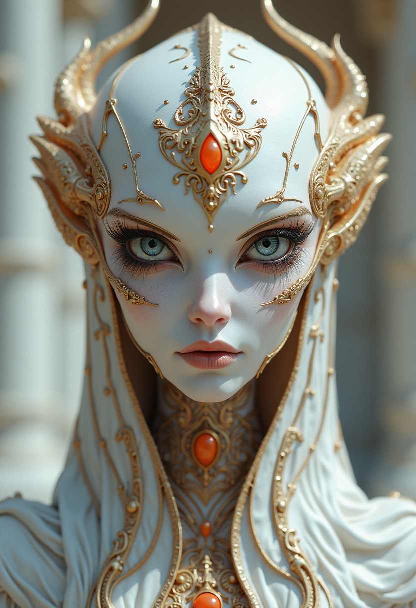 Upper body portrait, in the style of dark white and light sliver, gold filigree, fierce alien priest on an alien planet, adorned with orange and pink gemstones, standing in ancient white marble temple, by Brian Froud and Heather Theurer,  extremely detailed head and face, very realistic and symmetrical eyes, (eye contact with viewer), hyper detailed, hyper quality, artstation award winner, Epic realism, meticulous masterpiece