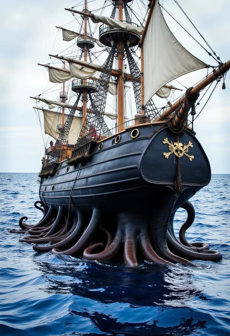 Photoshopped. Macro photo of a pirate ship with black tentacles underneath. The bottom of the ship is morphing into octopus tentacles.