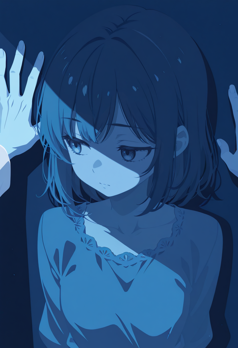 1girl, solo focus, looking away, upper body, (anime coloring, crisp edges:1.2), intense shadows, monochrome, lineart, limited palette, simple background, vivid colors, bright colors, blue theme, masterpiece, very aesthetic, absurdres,kodoku, flat color, no lineart, povkabedon,<segment:yolo-AnzhcFace-seg_640_v3_y11n.pt-1,0.3,0.15//cid=11>