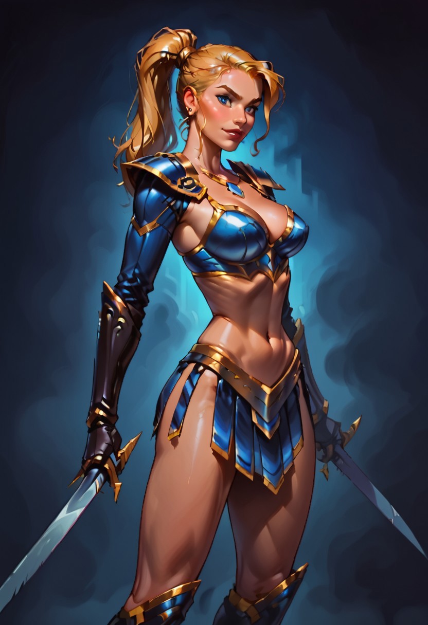 (score_9_up, score_8_up, score_7_up, score_6_up),, (high quality), (high resolution), , beautiful eyes, perfect lips, Taria_Mace, blonde hair, ponytail, blue eyes, bikini armor, dark-blue armor, thighhigh boots, greaves, shoulder armor, pauldron, long sleeves armor, gauntlets, gold trim, two swords, standing, looking at view, evil smirk, large breasts, wide hips, slim waist, sexy BREAK, colorful background, BREAK score_9, score_8, score_7