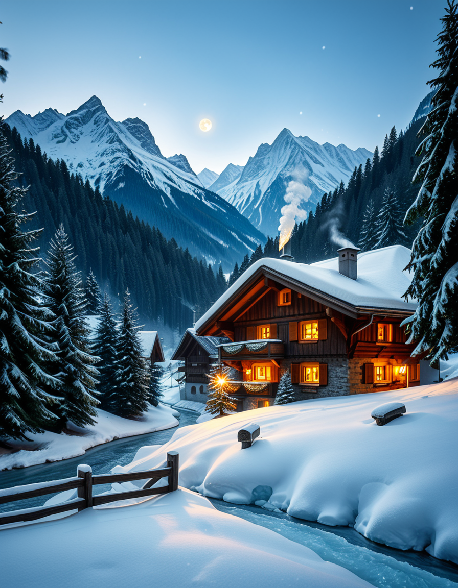 A stunning winter scene in the Tyrol region of Austria. A charming wooden chalet with traditional alpine architecture stands on a gentle snow-covered slope, surrounded by dense evergreen forests blanketed in fresh snow. The chaletâs warm interior lights glow softly through its large windows, creating a cozy contrast against the cool twilight hues of the sky. A plume of smoke drifts from the chimney, hinting at a roaring fireplace inside. In the foreground, a small wooden fence is partially buried under the snow, while a frozen river winds through the valley, reflecting the moonlight. Towering, snow-capped peaks of the Austrian Alps dominate the background, adding a breathtaking sense of grandeur. Snowflakes gently fall, adding movement and depth to the peaceful, picturesque scene. The image is hyper-realistic, capturing the intricate textures of the wood, snow, and ice, with cinematic lighting that highlights the magical winter ambiance.
<lora:SDXLFaeTastic2400:0.4> <lora:extremely_detailed:0.4> extremely detailed,<lora:winter_scene_in_the_Tyr0l:1>,winter scene in the Tyr0l, Masterpiece,best quality,hi res,8k,hi res,8k,award winning,(sharp focus, intricate, highly detailed),