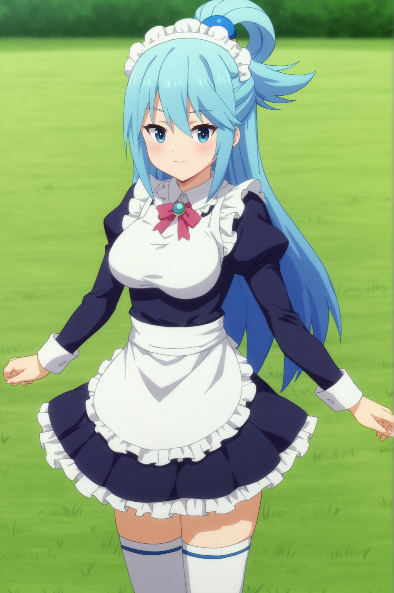 <lora:Aqua:0.7> Aqua, 1girl, solo, breasts, looking_at_viewer, long_sleeves, dress, thighhighs, standing, outdoors, frills, alternate_costume, puffy_sleeves, white_thighhighs, apron, maid, zettai_ryouiki, maid_headdress, grass, white_apron, maid_apron, enmaided <lora:sdxl_lightning_4step_lora:1>