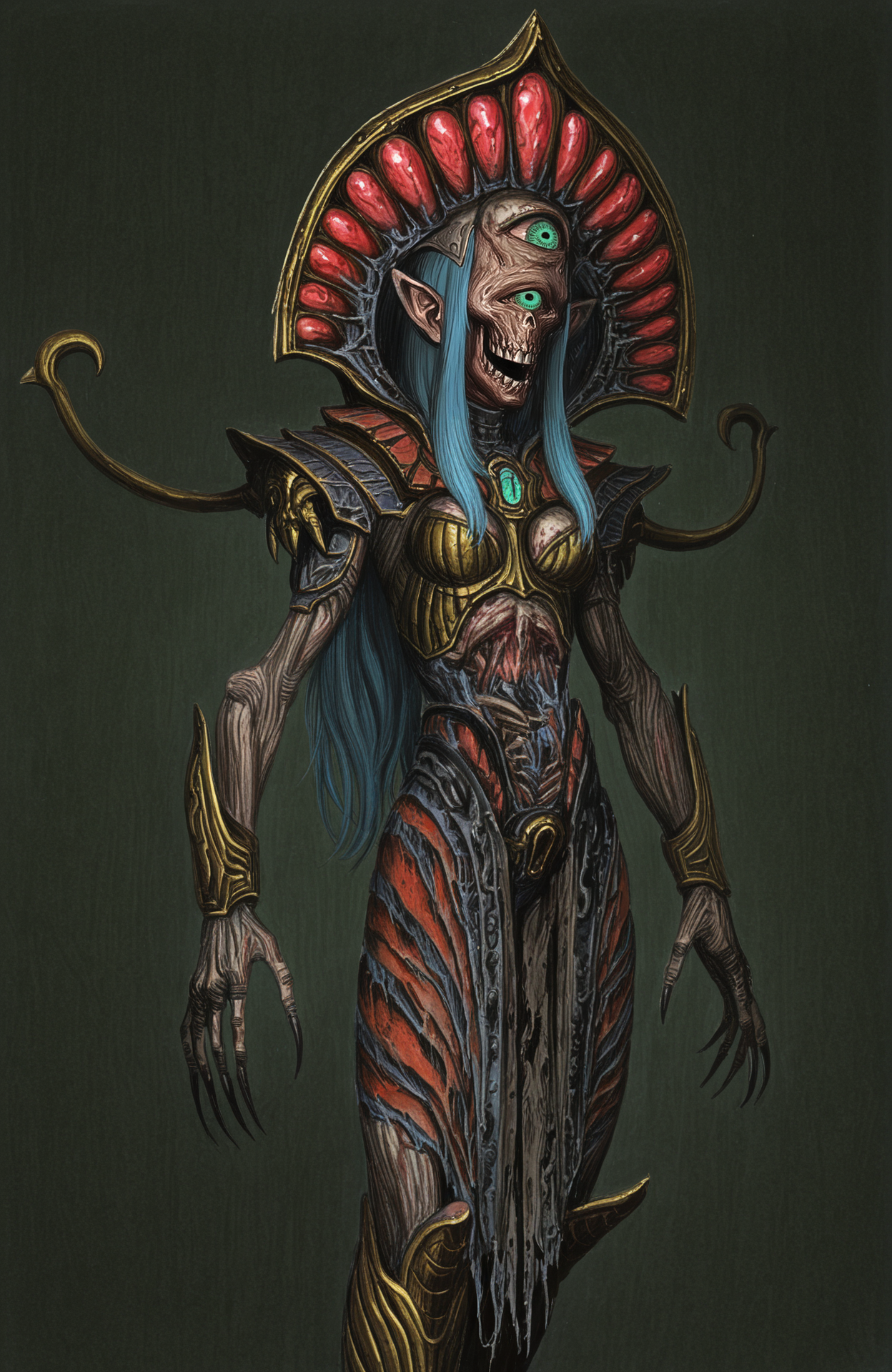 best quality, highres, absurdres, masterpiece, (traditional media, illustration, painterly:0.5), cacodemon, doom \(series\), 1girl, monster girl, pointy ears, green eyes, long hair, blue hair, cyclops, solo, armor, claws, sharp claws, dark armor, horror \(theme\), doom \(series\), expressive, provocative, parody, fantasy, (by murata range, by tsukasa jun:0.4),  undead, skeleton,
  <lora:Warhammer Tombkings Lycoris Illustrious 0.1:0.9>