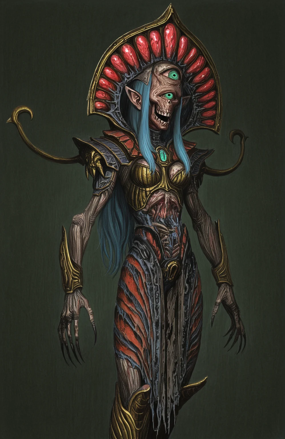 best quality, highres, absurdres, masterpiece, (traditional media, illustration, painterly:0.5), cacodemon, doom \(series\), 1girl, monster girl, pointy ears, green eyes, long hair, blue hair, cyclops, solo, armor, claws, sharp claws, dark armor, horror \(theme\), doom \(series\), expressive, provocative, parody, fantasy, (by murata range, by tsukasa jun:0.4), undead, skeleton,
<lora:Warhammer Tombkings Lycoris Illustrious 0.1:0.9>