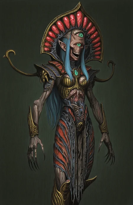 best quality, highres, absurdres, masterpiece, (traditional media, illustration, painterly:0.5), cacodemon, doom \(series\), 1girl, monster girl, pointy ears, green eyes, long hair, blue hair, cyclops, solo, armor, claws, sharp claws, dark armor, horror \(theme\), doom \(series\), expressive, provocative, parody, fantasy, (by murata range, by tsukasa jun:0.4),  undead, skeleton,
  <lora:Warhammer Tombkings Lycoris Illustrious 0.1:0.9>
