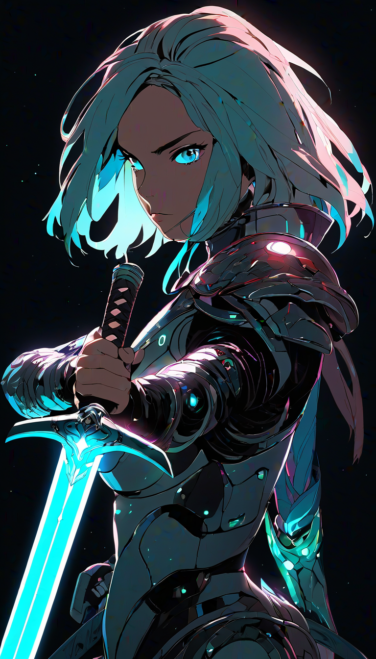 masterpiece, best quality, 1girl, solo, futuristic, holding sword, intricate, over the shoulder, looking at viewer, black background, simple background, glow in the dark, sci-fi, multicolored hair, aqua eyes, warrior