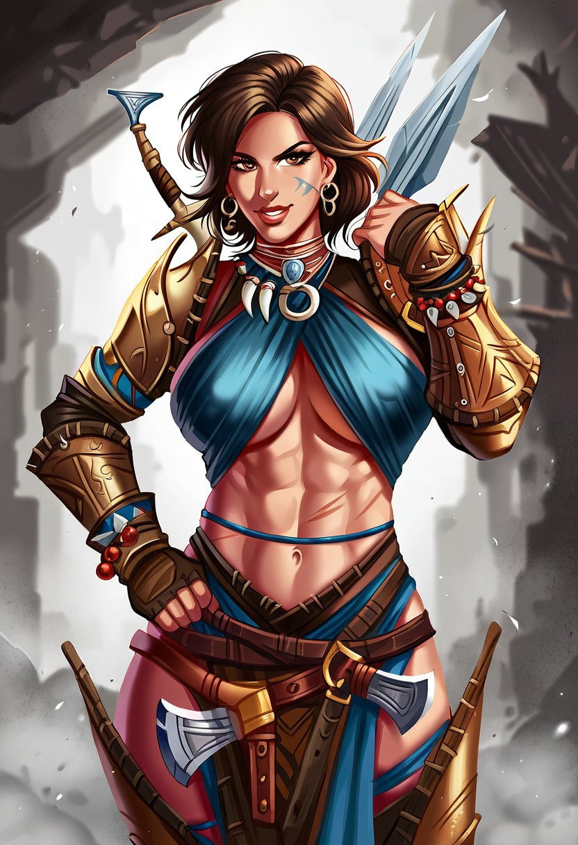 AmiriPathfinder,1girl,solo,armor,sword,brown hair,jewelry,midriff,navel,abs,earrings,shoulder armor,scars,pauldrons,large breast,muscular female,tattoos,underboob,belt,brown eyes,necklace,boots,gloves,short hair,lips,facial tattoo,beads,bracelets,greaves,pelvic curtain,legs armor,bracer,leather bracers,leather armlet,leather armor,sheath,,seductive pose,ruins,sexual pose,
score_9, score_8_up, score_7_up, beautiful aesthetic, very intricate, high quality details,vibrant, highly detailed, award-winning, professional,anime artwork, anime style, studio anime, athletic, toned female,muscular milf,curvy body, athletic girl,fit girl, perky tits,huge breast,perfect tits, round breasts, nipple outline,looking at viewer, pinup pose,teasing, dynamic lighting, cinematic, smug, better than you, aura of temptation, highly detailed, high resolution, masterpiece, detailed clother, detailed background, highly detailed, ((sound effects)) comic layout,