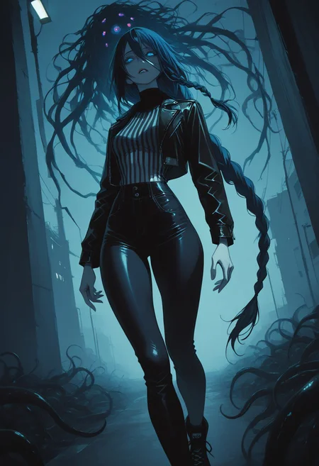 LDSCH Style, aesthetic, , p1n04rtstyl3,pinoartstyle,pino art style, LeIsT0_illu, masterpiece, best quality, masterpiece \\\\(quality\\\\), depth of field, cinematic, shadow, chromatic aberration, 
1woman, solo, dark blue hair, ((hair in long single braid)), (((very long braid))), blue eyes, pale skin, parted lips, ((slim body)), fit slim, (small breasts), dynamic angle, portrait, thick thighs, skinny body, narrow waist
Wearing leather jacket, (((striped crop top))), wearing skinny jeans, tight jeans, wearing black converse sneakers
Walking down a dark ally, very heavy fog, misty Street, Street lamp, dark humanoid silhouettes in the fog, Erie feeling, horror theme
fflix-shadows, Shadow humans in the fog, tentacle people in the fog, Shadow tentacles, CR33P1NGF0G, fog, fog, dark, night, haze, eldritch_abomination, monster in the fog, monster in the haze, partially obscured monster, horror_(theme)