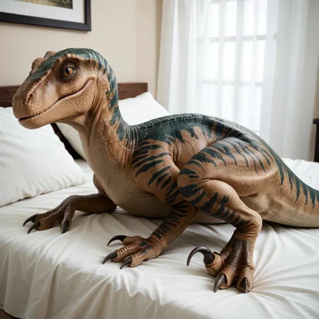 score_9, score_8_up, score_7_up, score_6_up, score_5_up, score_4_up, masterpiece, high quality, realistic, detailed, best quality, white bed, solo, rating_safe, source_furry, bedroom, smiling, seductive, (looking at viewer, lying on belly), detailed eyes, detailed face, dinosaur, raptor, scales, tail, claws, talons, Echo_jw, brown scales, dark blue stripes, yellow sclera, slit pupils, female, 1girl