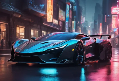 detailed high end sport car, sharp edges, sharp focus, futuristic, <lora:Cbebop-background:1.5>, high quality, high resolution, art by Cain Kuga, night, breathtaking scenary, high-tech, cyberpunk, volumetric lighting, (long exposure:1.5), speed effect, raining,