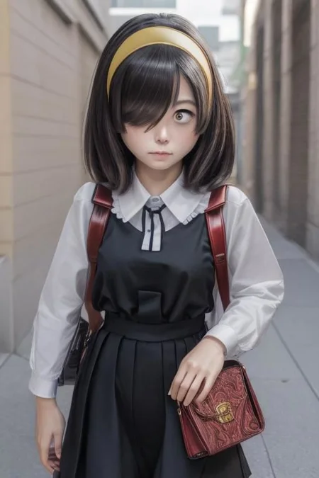 Photo of nishimura akane, solo, (masterpiece,best quality:1.2), black hair, (((hair over one eye))), hairband, medium hair, sanpaku, orange headband, dress, randoseru, school uniform, backpack, bag, bag charm, black dress, skirt, black skirt, solo, glowing_bright, Artstation, HD, Deviantart, by WLOP, dynamic shot