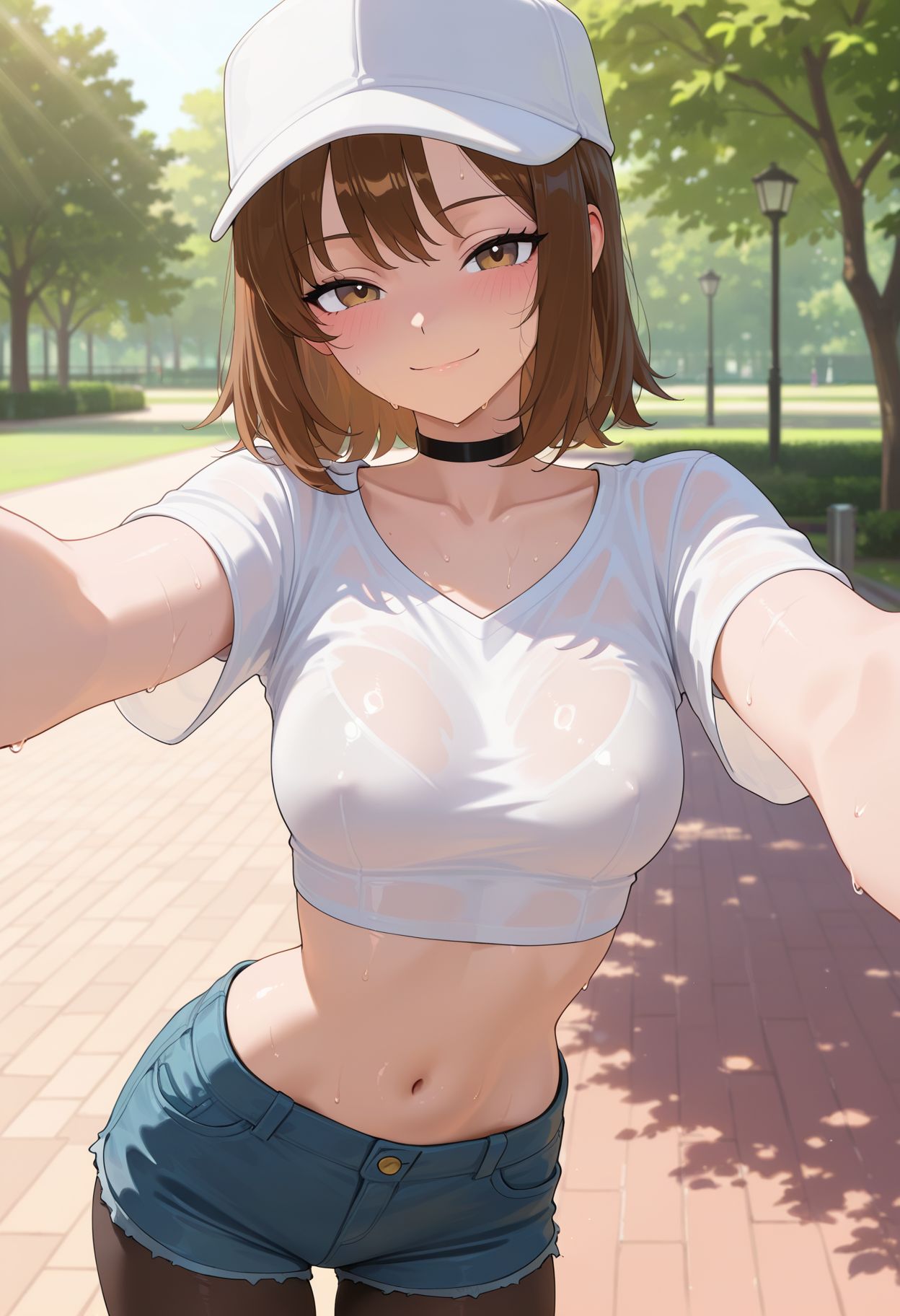 <lora:otokakoto_style_v1_IL-18:1.0> otokakoto_style,  1girl, solo, breasts, looking at viewer, blush, smile, brown hair, shirt, hat, navel, brown eyes, closed mouth, collarbone, white shirt, short sleeves, sweat, choker, crop top, jean shorts, pantyhose, white headwear, black choker, selfie, outdoors, park, sunlight, sunbeam