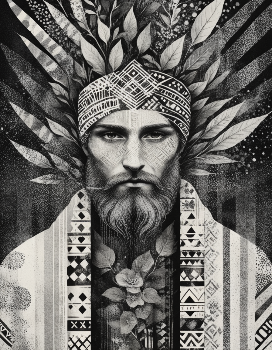 novuschroma style druid man illustration with patterns <lora:108_novuschroma_1:1>