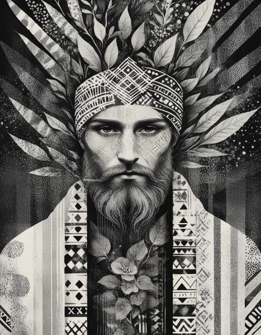 novuschroma style druid man illustration with patterns <lora:108_novuschroma_1:1>