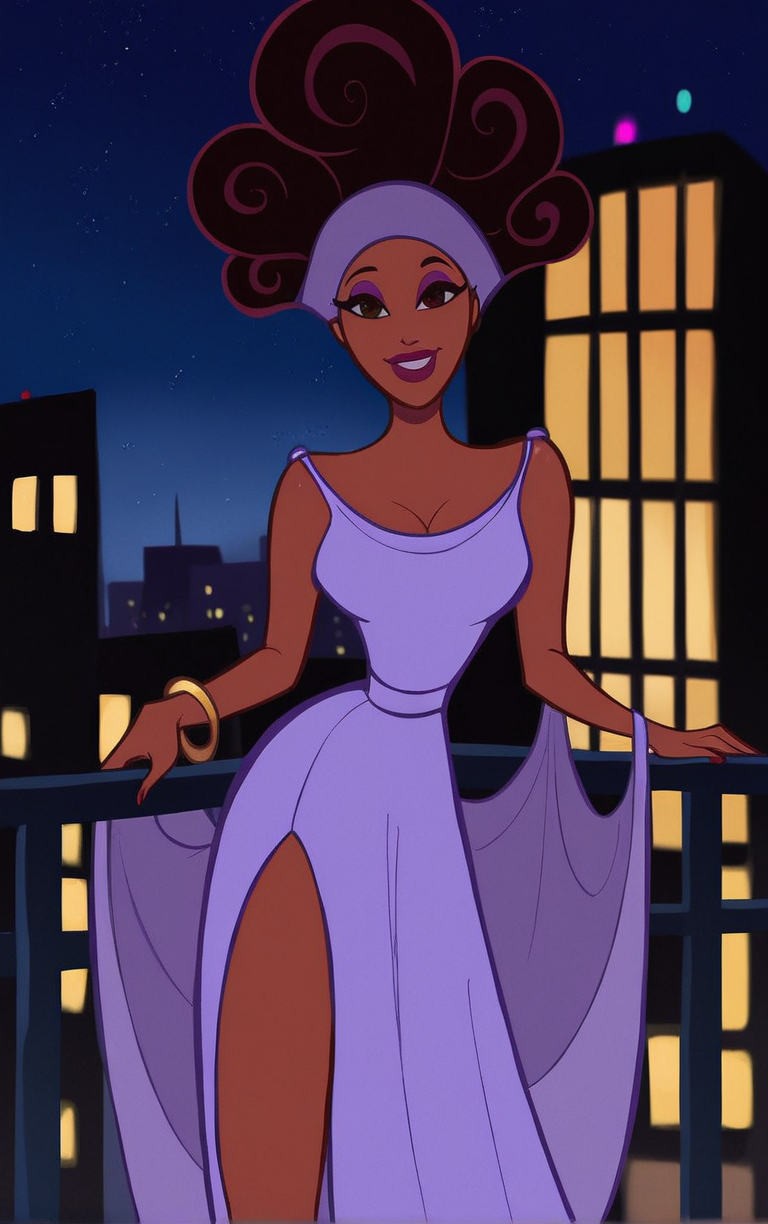 score_9, score_8_up, score_7_up, looking at viewer,  BREAK  
PurpleDress_Muse_Calliope_ownwaifu, 
1girl, afro, big hair, breasts, brown eyes, brown hair, curly hair, dark skin, dark-skinned female, eyeshadow, hair up, hairband, lips, long hair, makeup, very dark skin, lipstick, medium breasts, colored skin, 
purple dress,  purple headband, bare shoulders, cape, cleavage, sleeveless dress, strap slip, bracelet, long dress, off shoulder, side slit, long legs, narrow waist, 
(standing, arm_support), railing, cityscape, night, city, city lights, scenery, starry sky, outdoors, <lora:PONYXL_Hercules_Muse_Calliope_ownwaifu:0.8> , depth of field, solo,