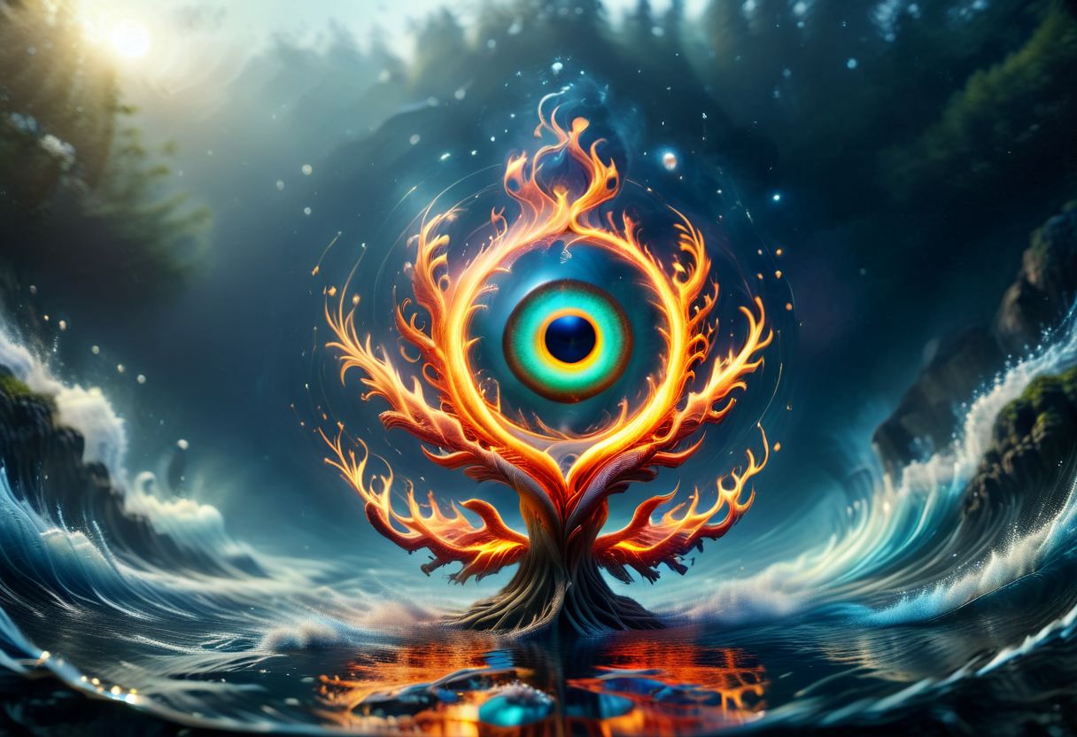 Harmonious fusion of elements, earth air fire earth and ether combined in a pentagonal shape in seamless integration, earth grounding and stable, water flowing and fluid, air swirling and free, fire vibrant and warm, united in perfect balance, elements intertwining gracefully, serene and dynamic, vibrant flames, coexistence of contrasts, nature's optimal quality, synergy of forces, essence of unity, balanced natural forces, peaceful coexistence, elemental harmony, timeless and eternal, highly detailed, masterpiece, 32k, UHD quality, pentangle, all of this inside the big cyclopic eye