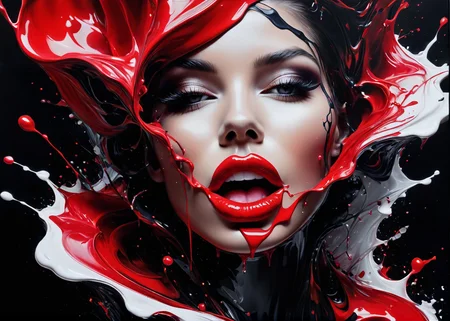 (acrylic painting:1.1), Lips with lipstick like liquid shiny red paint, flowing, dripping, tempting shot, white skin, black background, highly detailed, glamour, (only uses 256 different shades in total), (brush strokes:0.6), high contrast, (paint drips:0.5), stark, (dripping paint0.5), (splatters:0.5), (dramatic:0.4), (photorealistic:0.2),  <lora:paintmgc:0.7> paintmgc, red paint